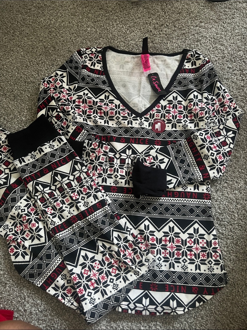 La SENZA Black, White & Red Fair Isle V-Neck Sweater